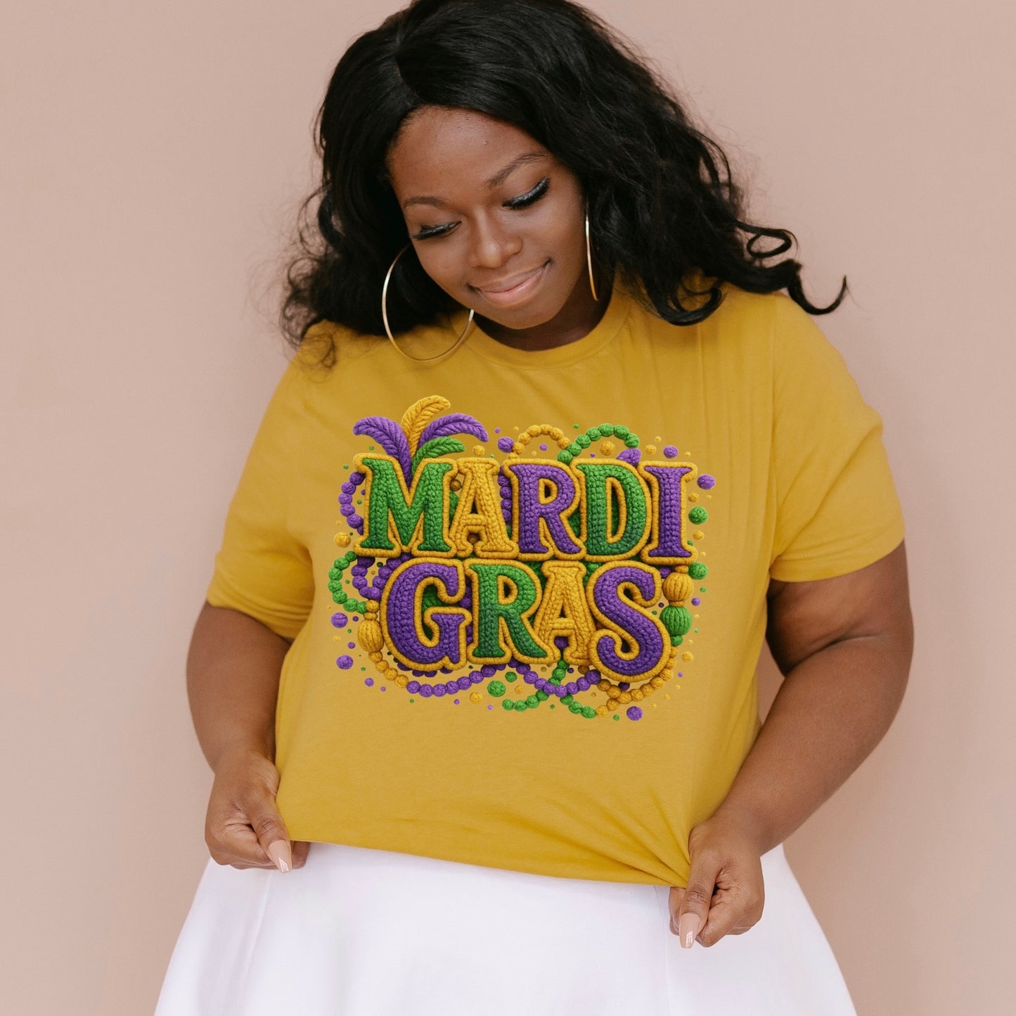 Mardi Gras faux yarn clear film screen print