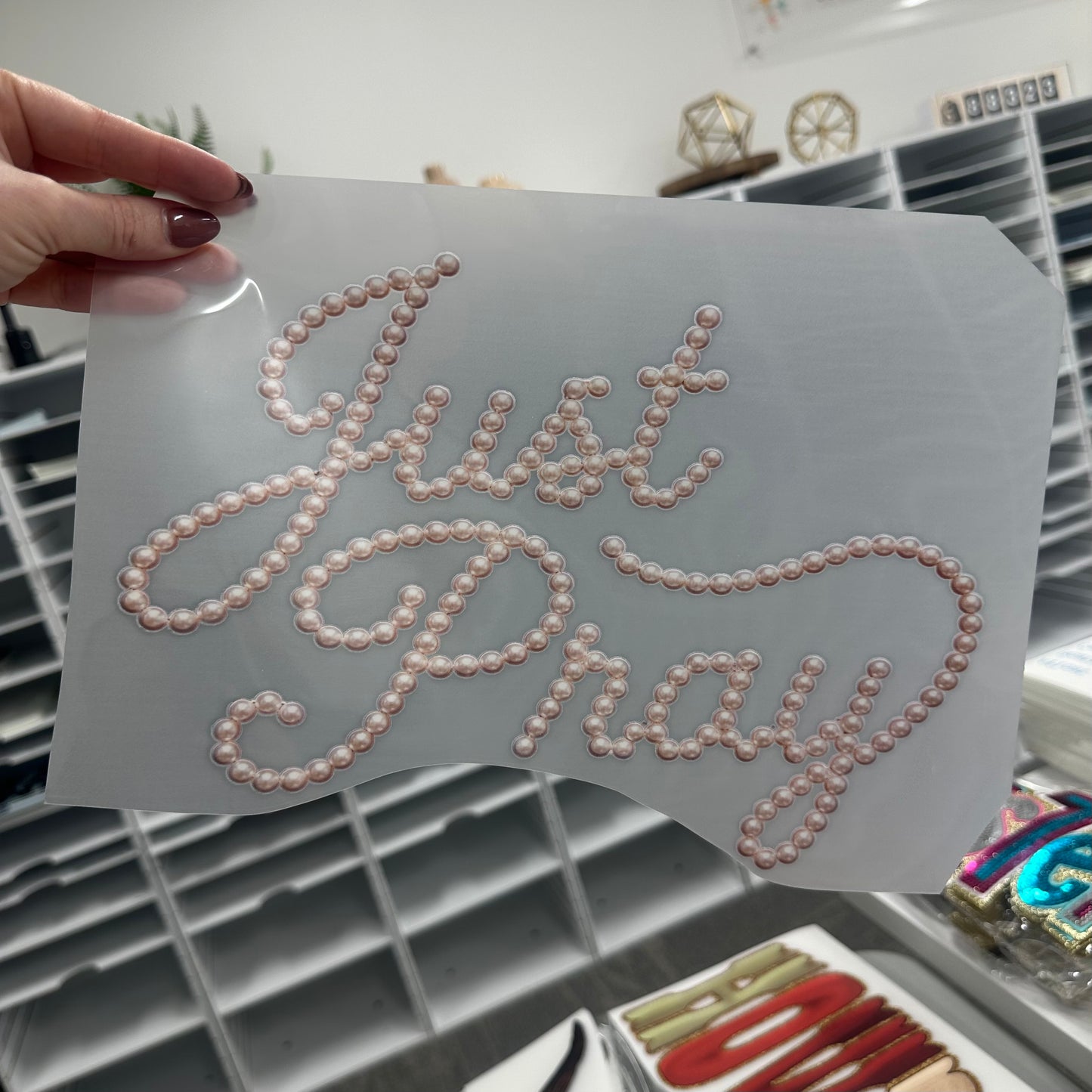 Just Pray pearls clear film screen print