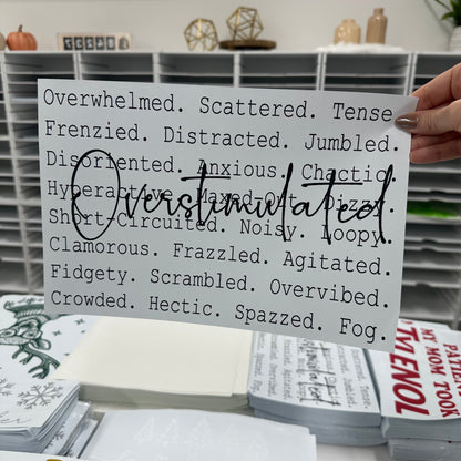 overstimulated word art screen print transfer