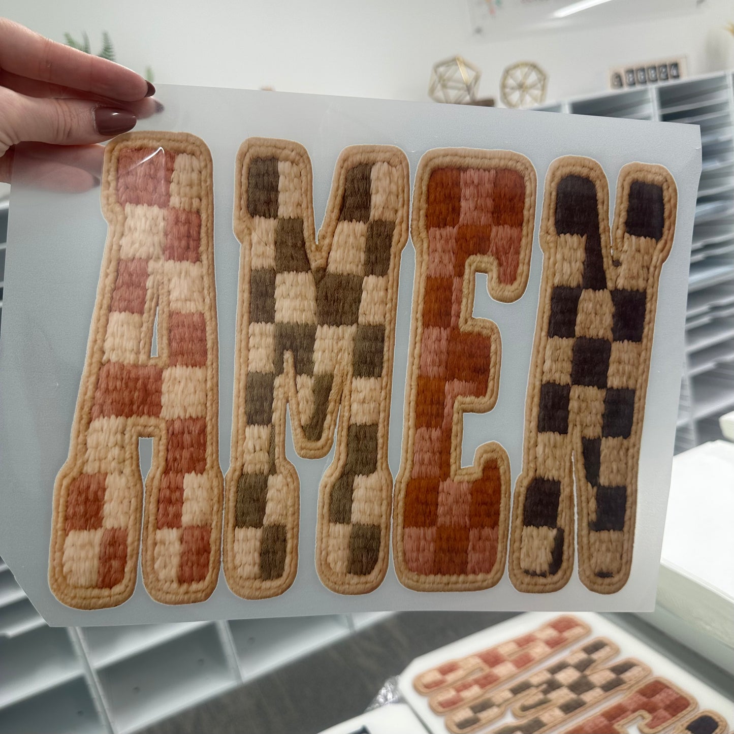 Amen checkered clear film screen print