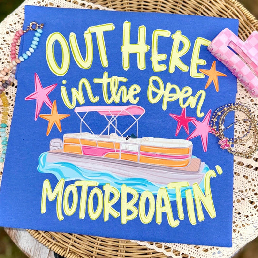 out here motorboatin' clear film screen print