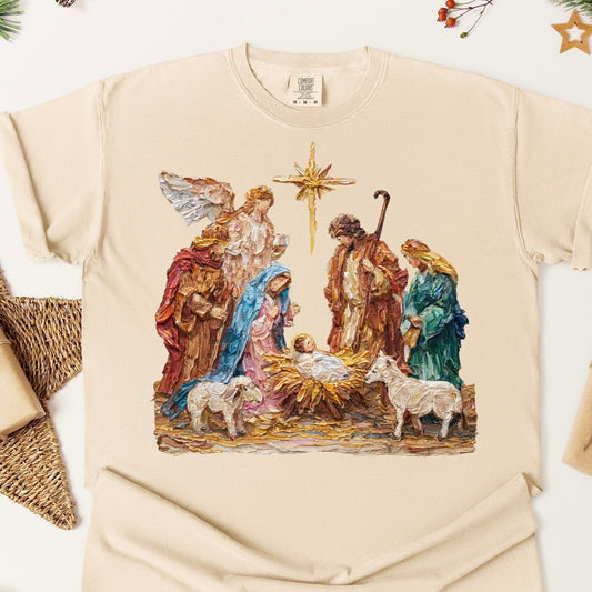 hand painted nativity clear film screen print