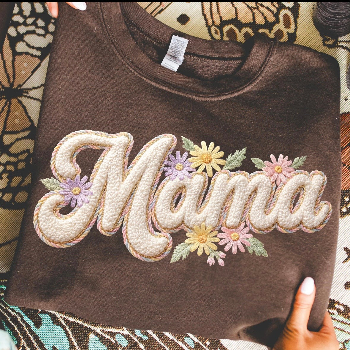 faux yarn floral MAMA clear film screen print