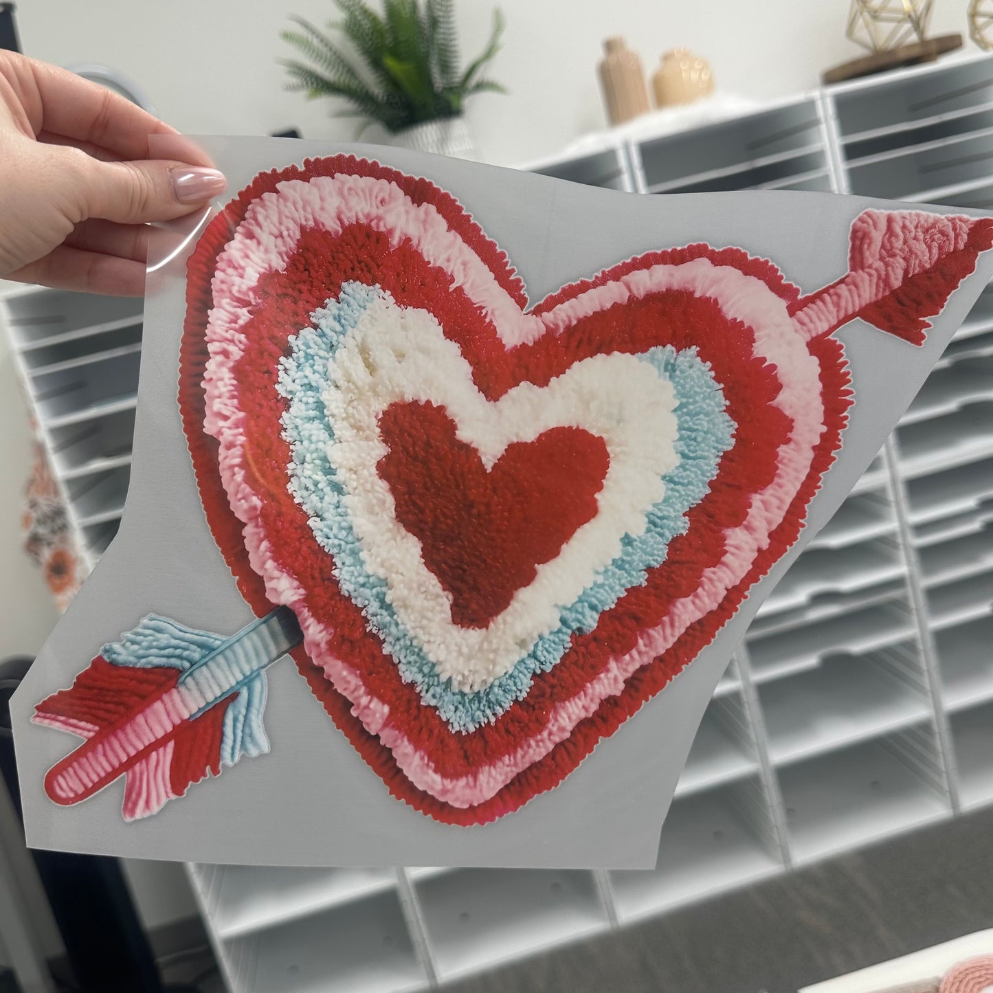 Fluffy faux yarn heart clear film screen print
