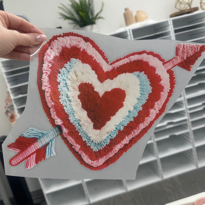 Fluffy faux yarn heart clear film screen print