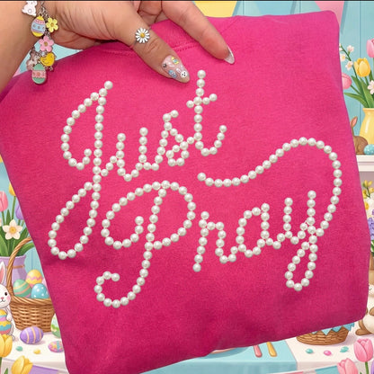 Just Pray pearls clear film screen print