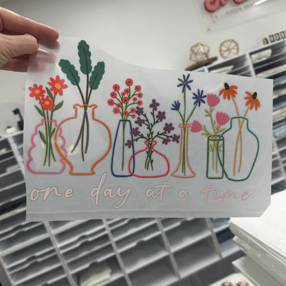 one day at a time flowers clear film screen print