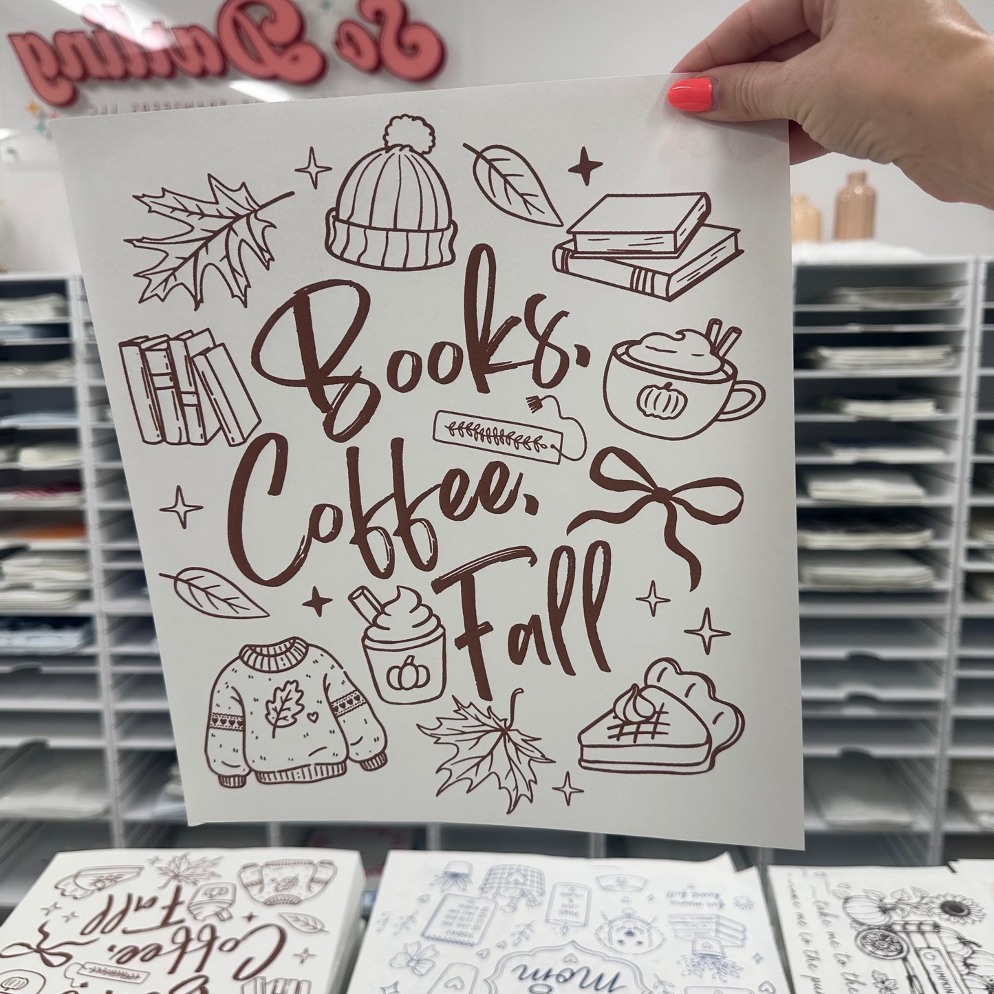 books, coffee, & fall screen print transfer•