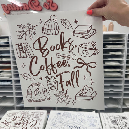 books, coffee, & fall screen print transfer•