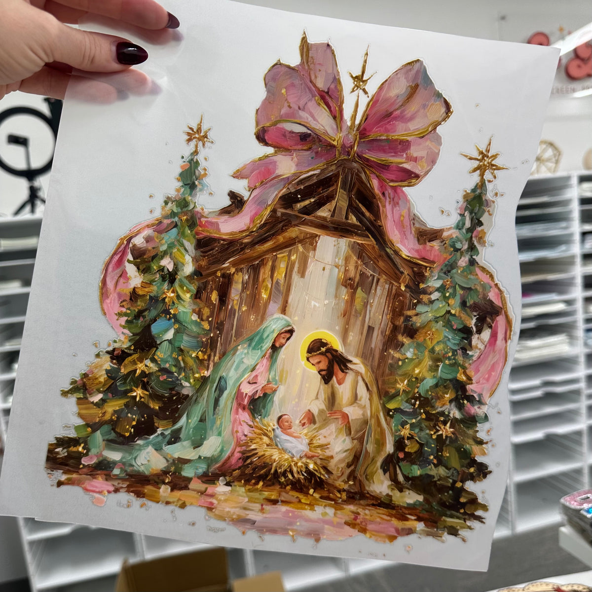 nativity brushstroke clear film screen print