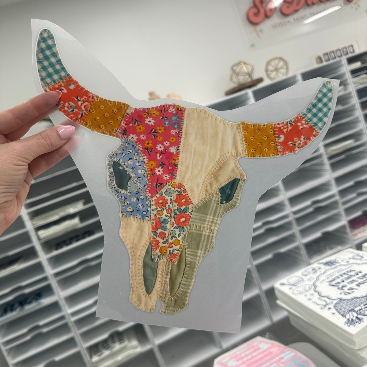 patchwork bull skull clear film screen print