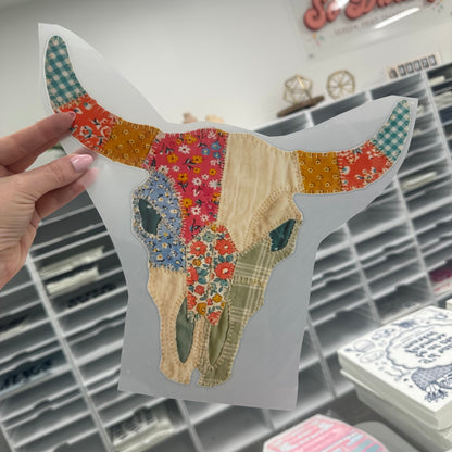 patchwork bull skull clear film screen print