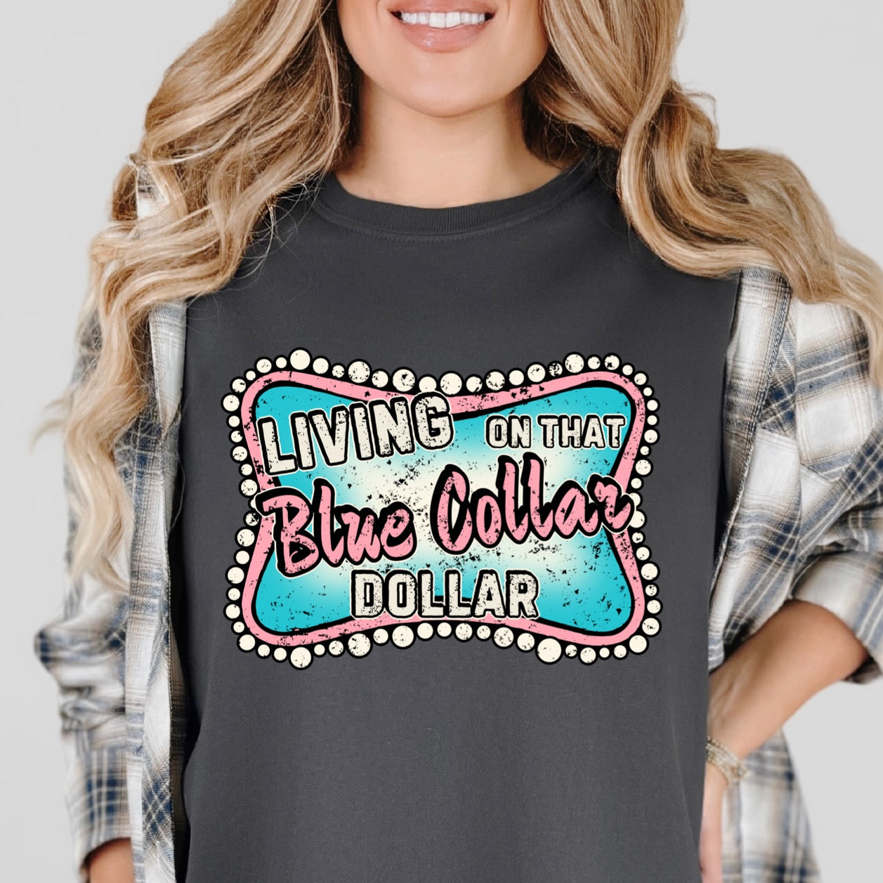 Blue collar dollar clear film screen print