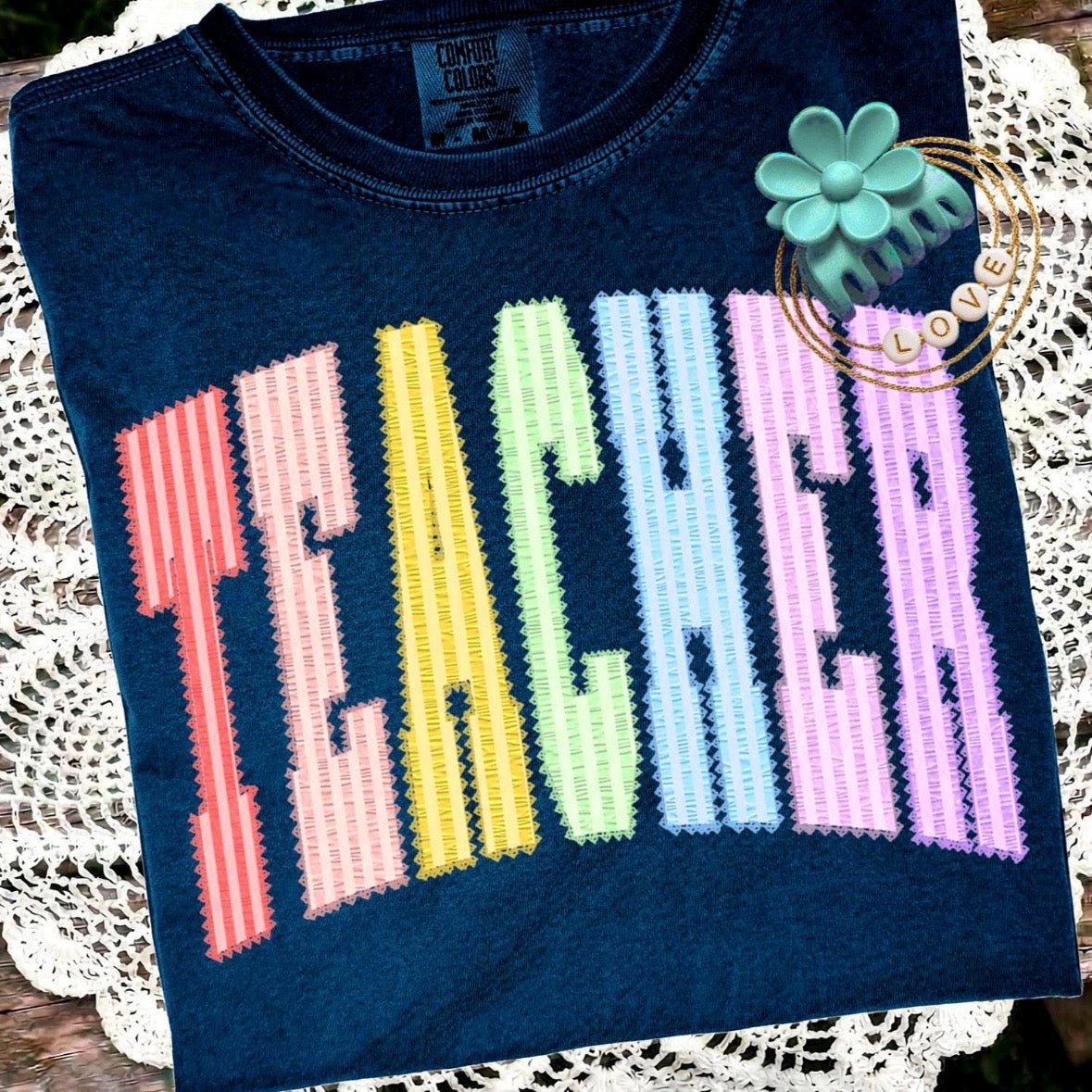 multi color TEACHER seersucker clear film screen print