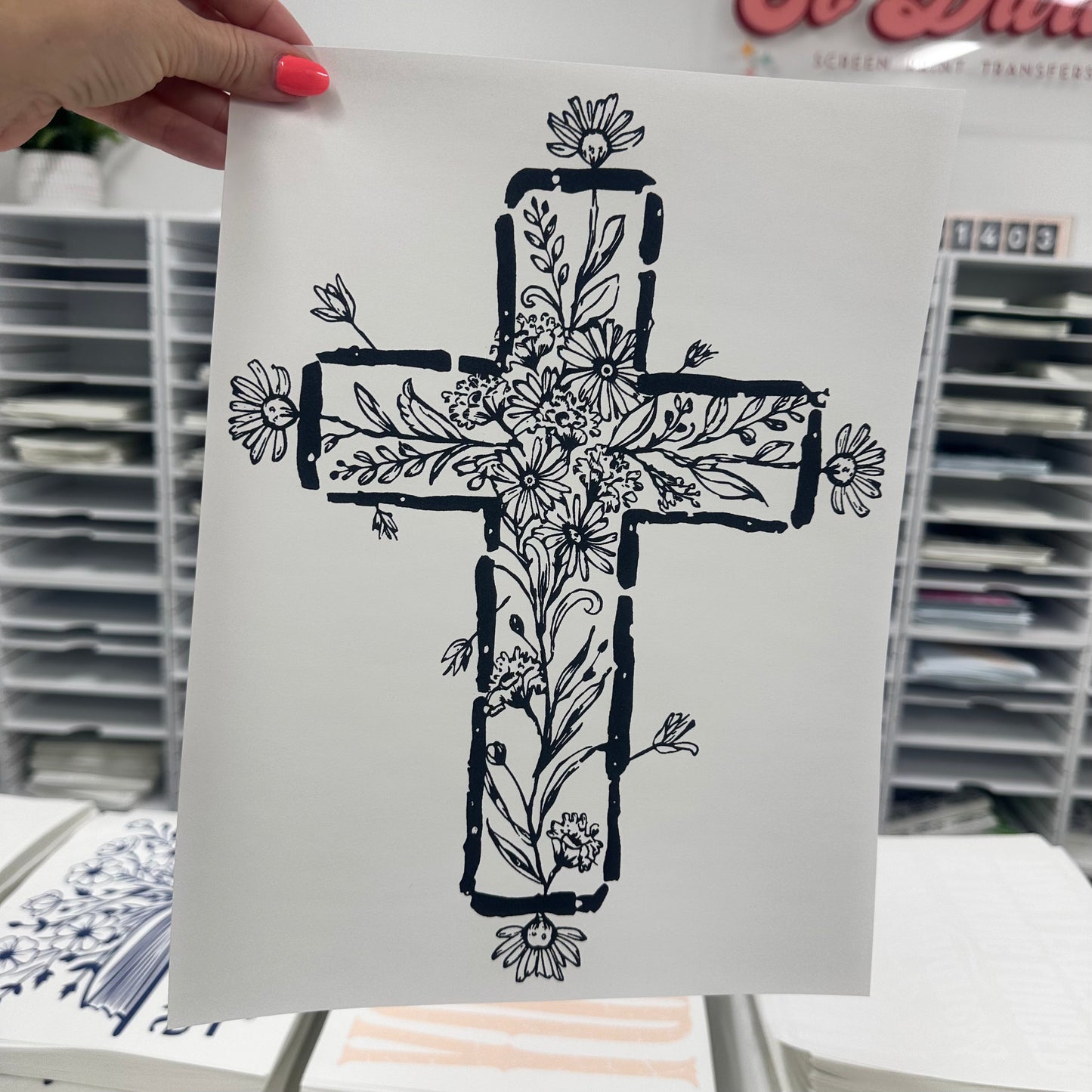 floral cross screen print transfer•