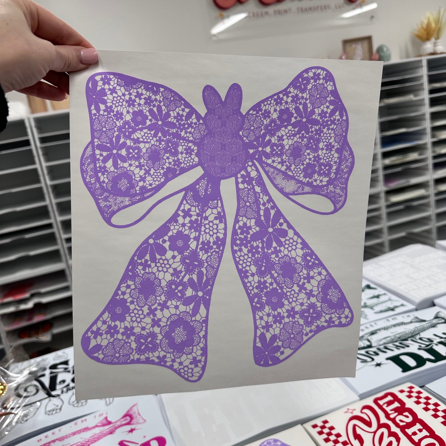 Bunny Bow lace lavender screen print transfer