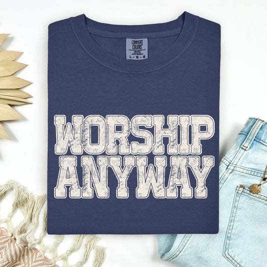 beige ink WORSHIP ANYWAY screen print transfer•