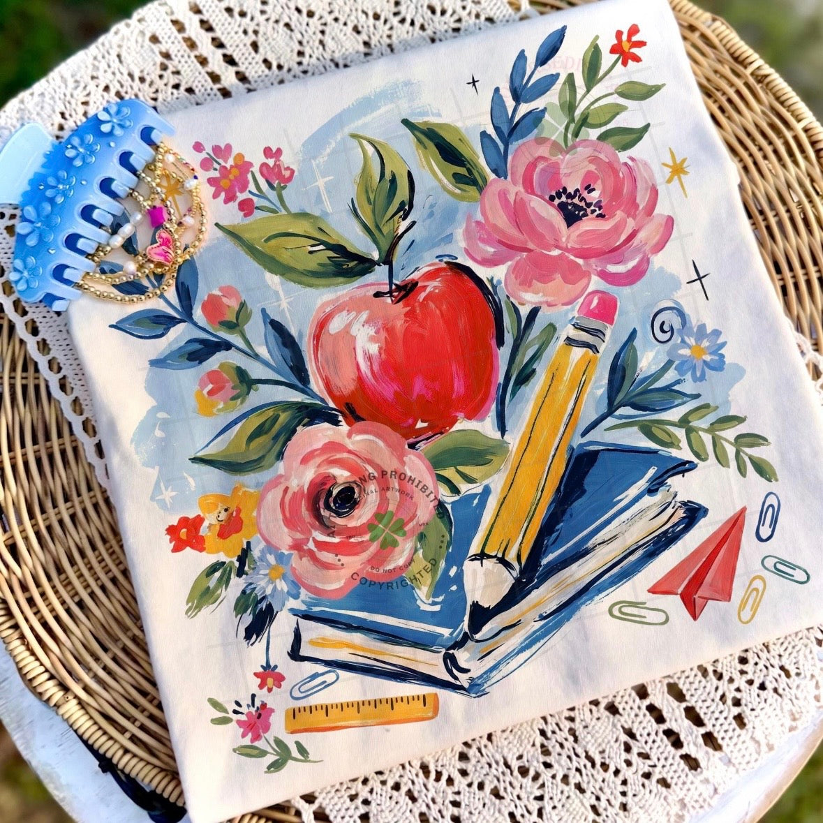 floral back to school apple clear film screen print
