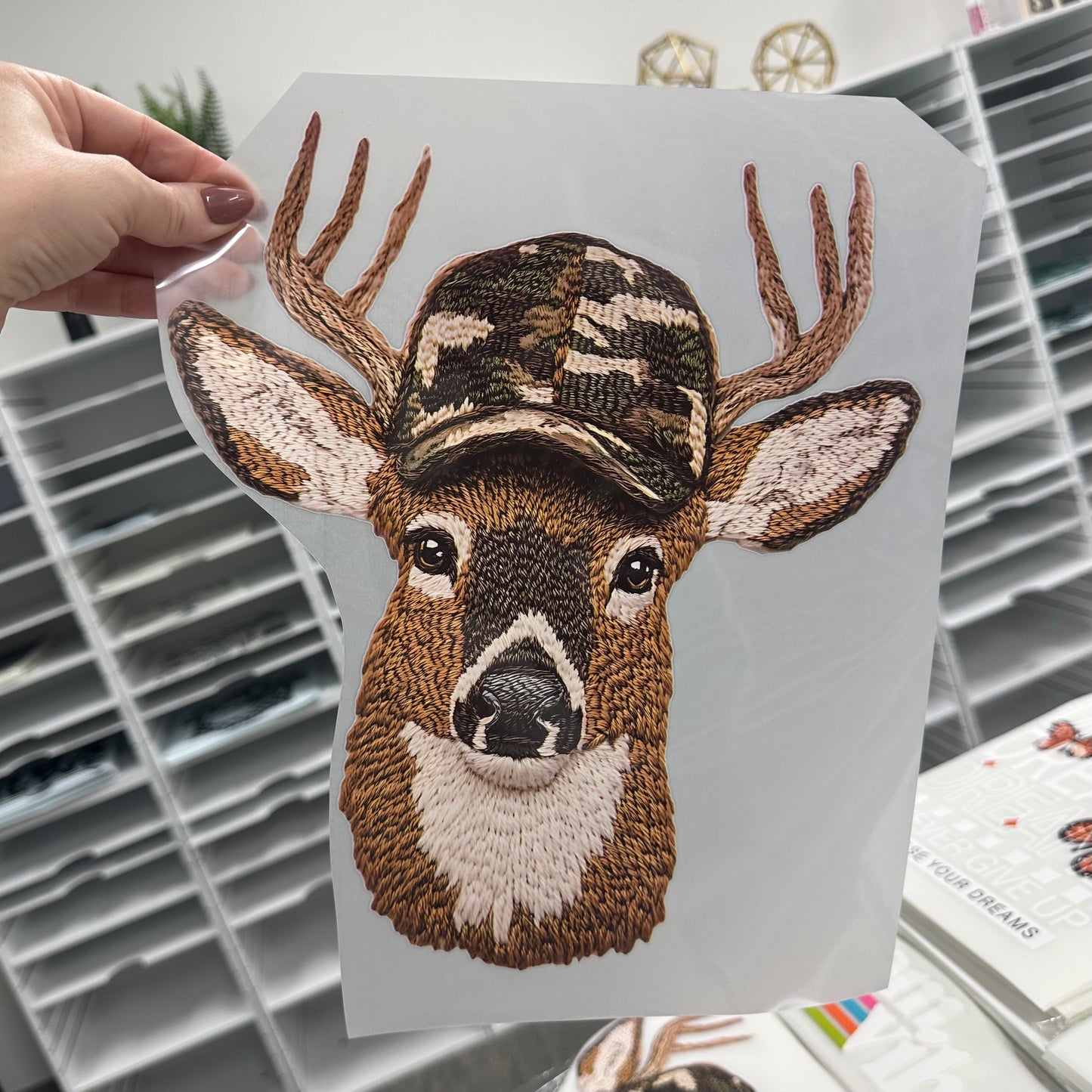 camo faux yarn deer clear film screen print