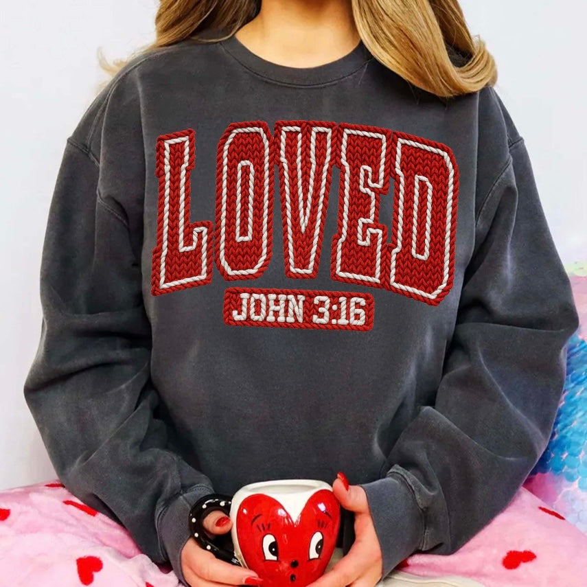 Loved faux yarn john 3:16 clear film screen print