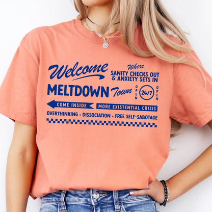 BLUE welcome to MELTDOWN TOWN screen print transfer