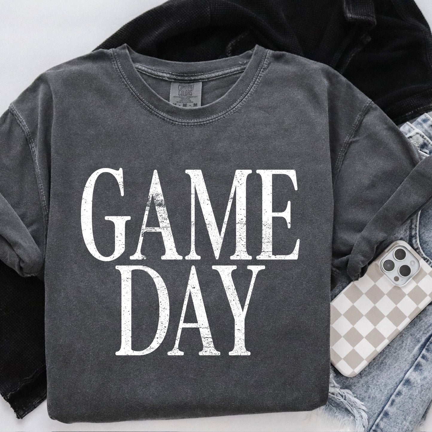 white distressed Game Day screen print transfer•
