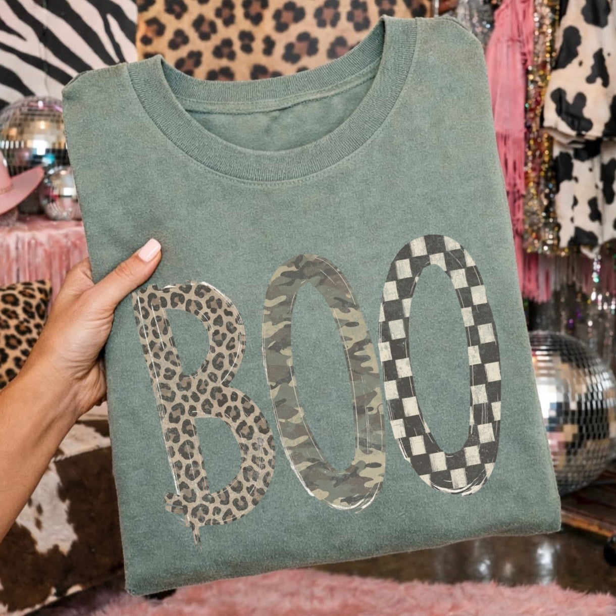 BOO camo leopard checker clear film screen print