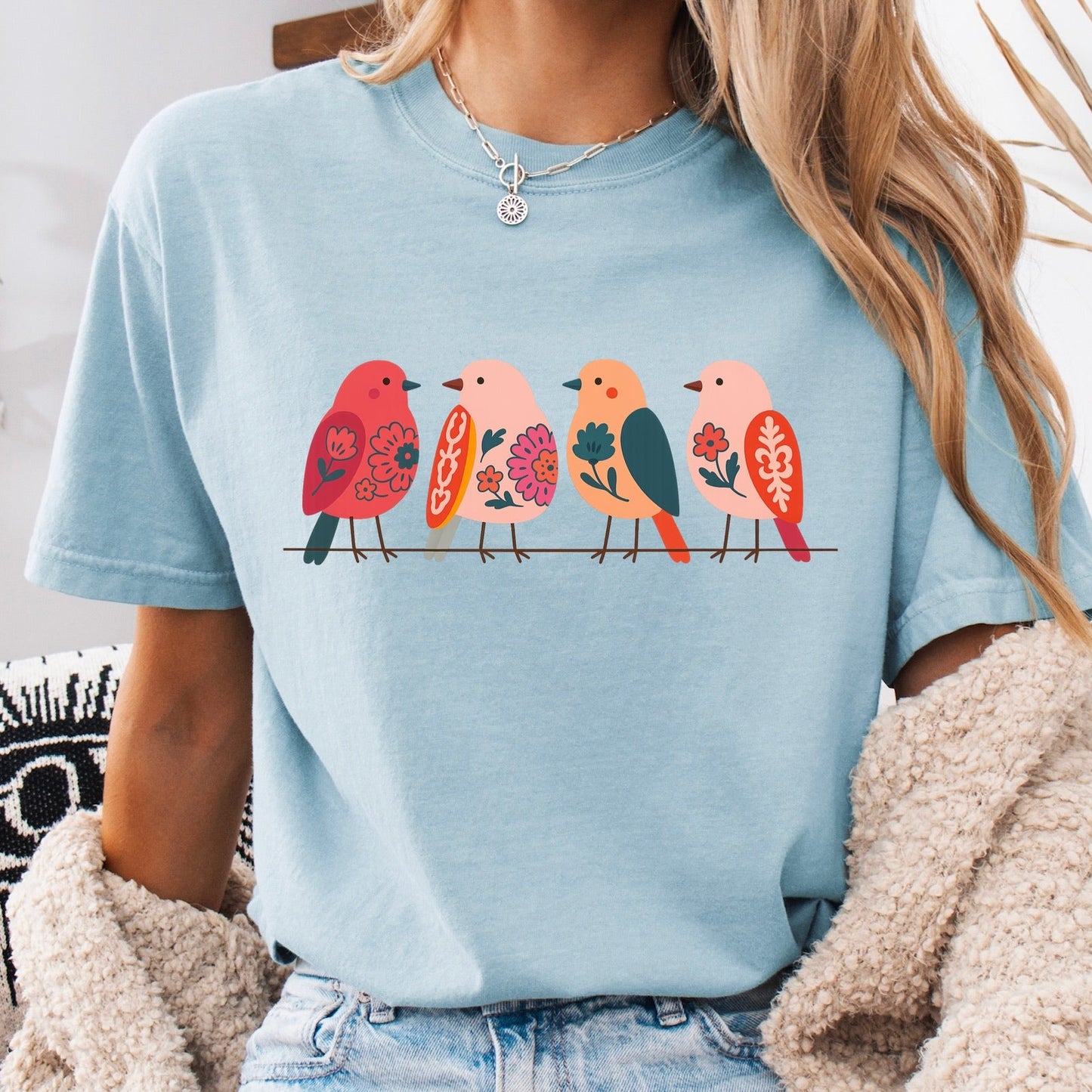 folk art birds clear film screen print