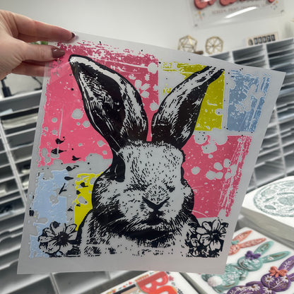 color splash bunny clear film screen print
