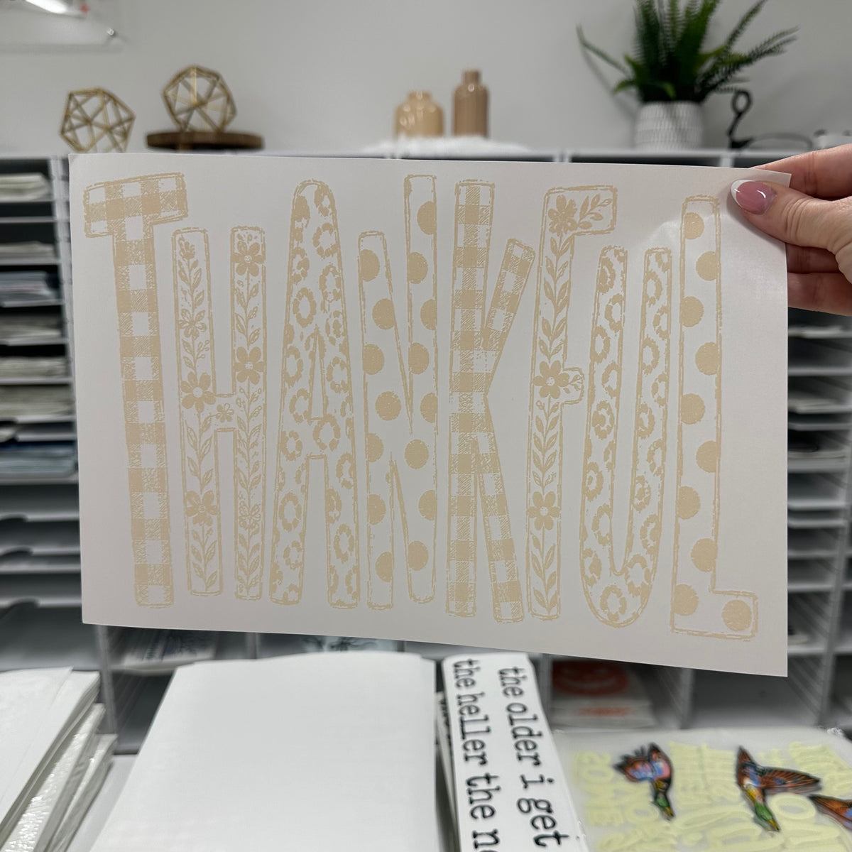 thankful mixed pattern screen print transfer•