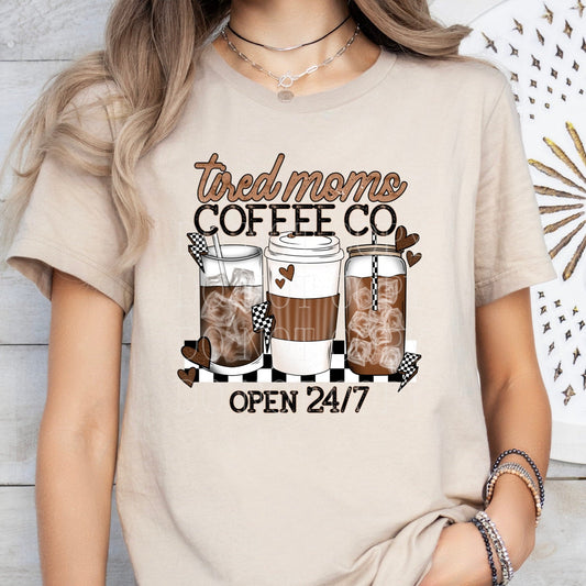 tired moms coffee co clear film screen print