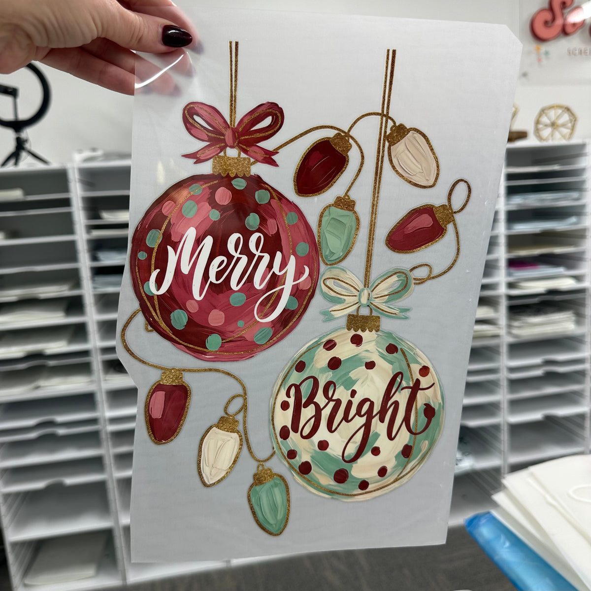 ornaments merry & bright clear film screen print