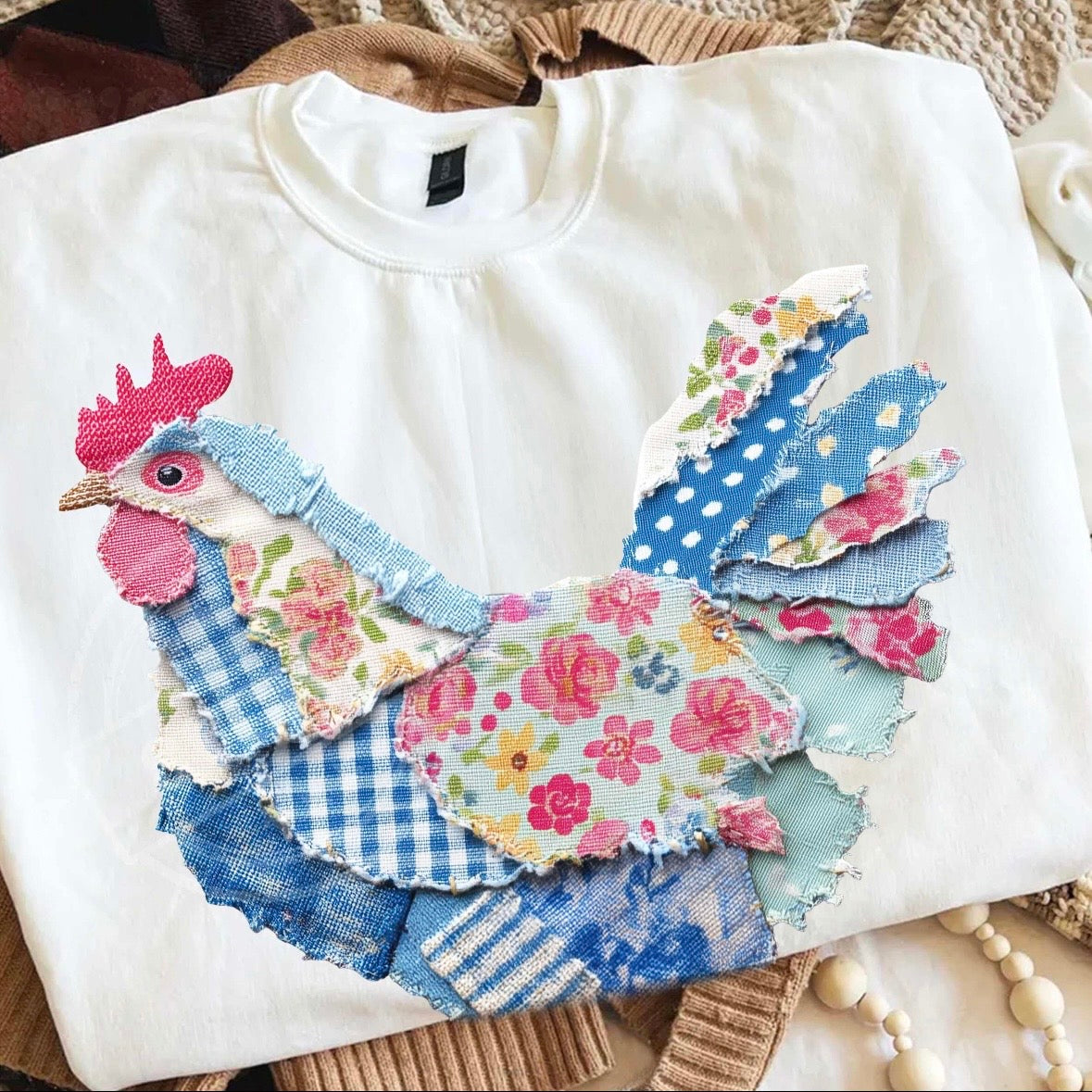 patchwork spring chicken clear film screen print
