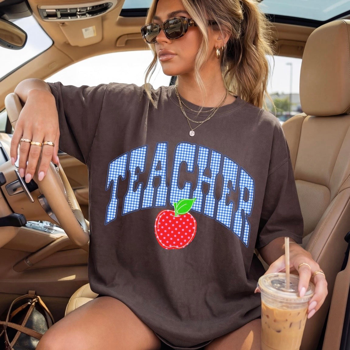 Teacher blue gingham clear film screen print