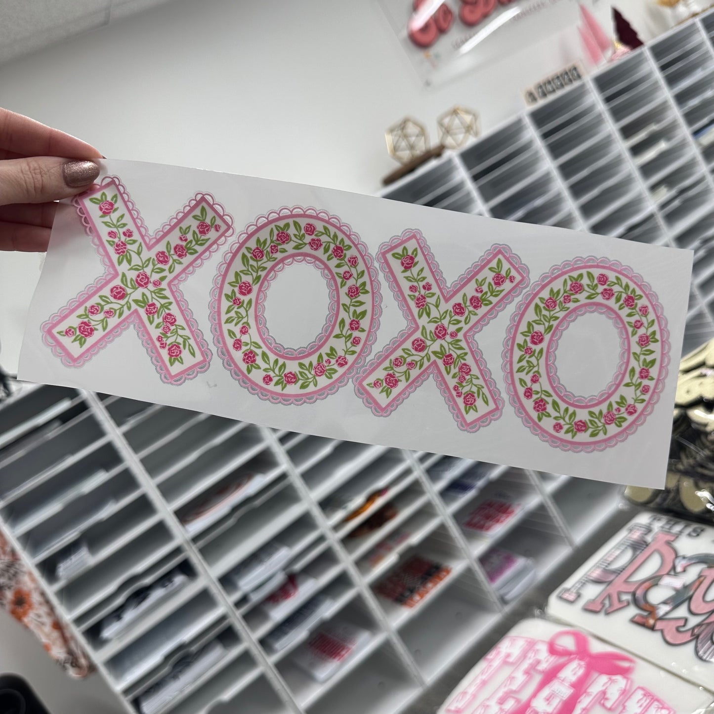 XOXO scalloped edge clear film transfer