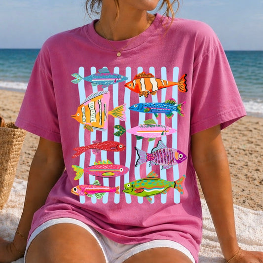 colorful fish striped clear film screen print