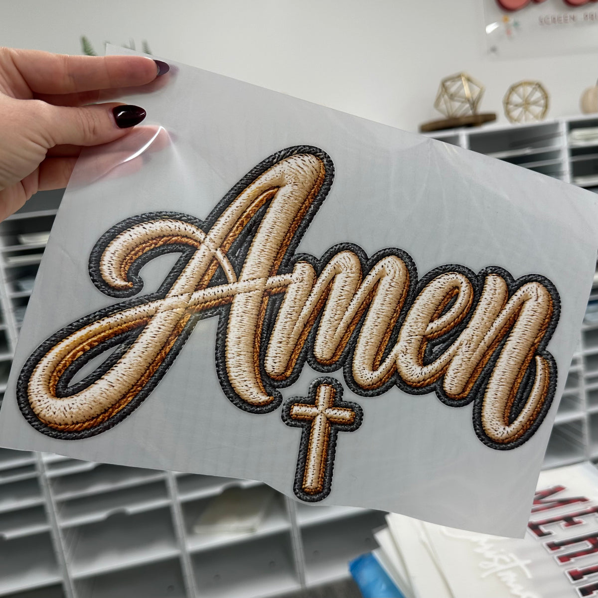 Amen faux embroidery clear film screen print