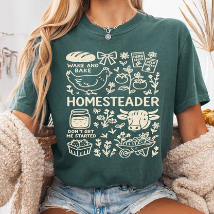 Person wearing a green t-shirt with 'Homesteader' design, sitting on a couch.