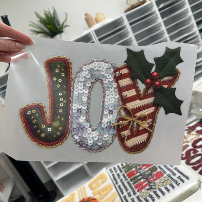 Joy faux yarn clear film screen print