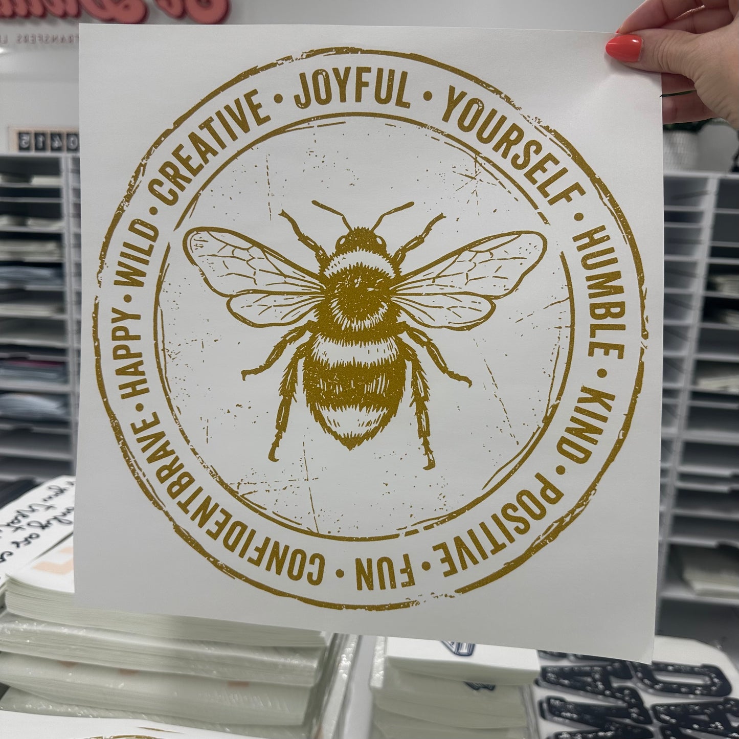Metallic Gold ink Bee Kind screen print transfer•