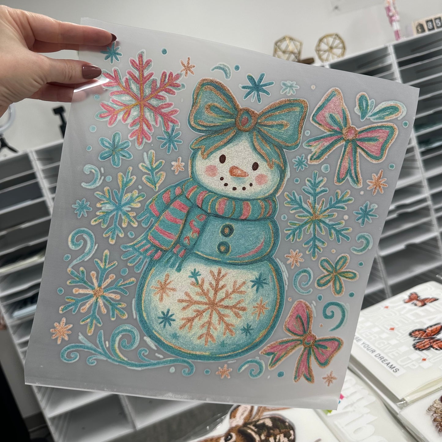 GLITTER snowgirl clear film screen print