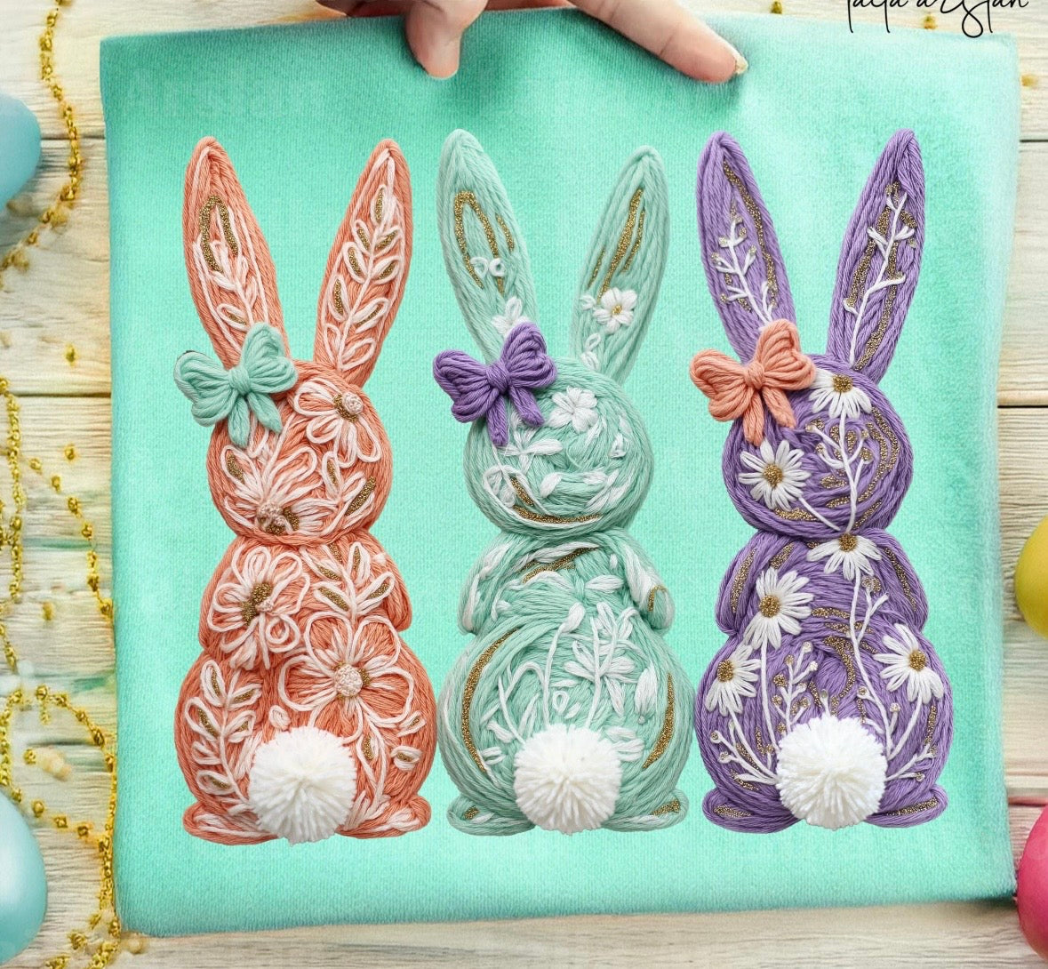 faux yarn bunny trio clear film screen print