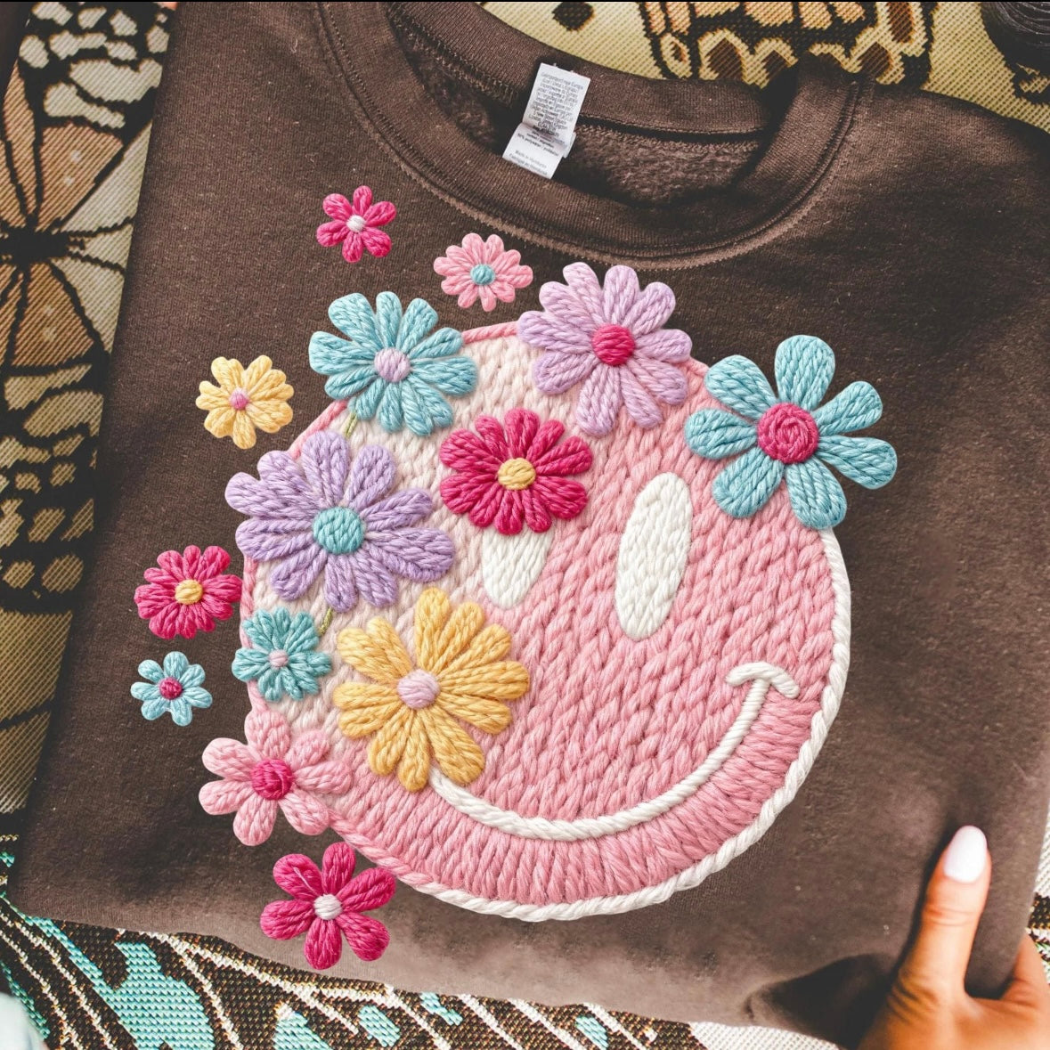 floral smile faux yarn clear film screen print