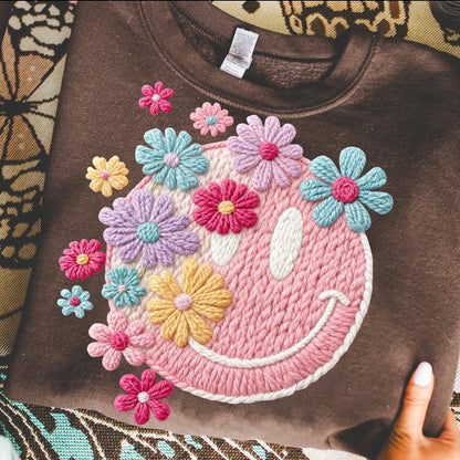 floral smile faux yarn clear film screen print