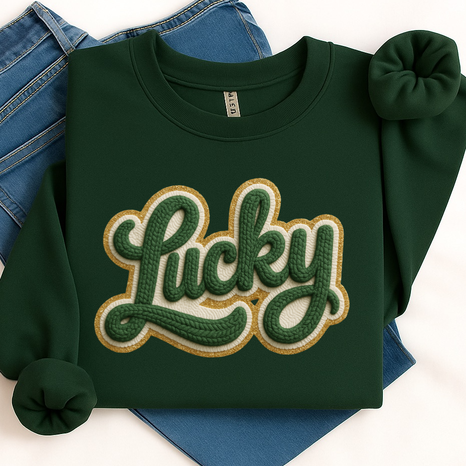 Green sweatshirt with 'Lucky' text on a white background