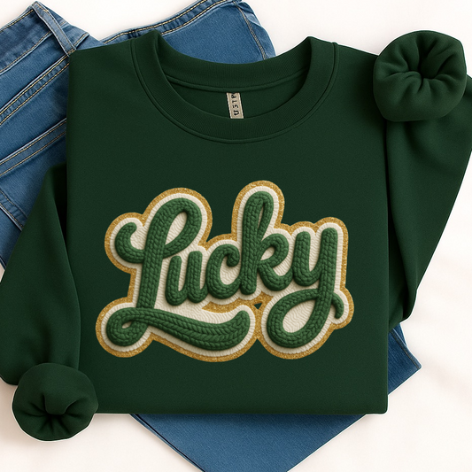 Green sweatshirt with 'Lucky' text on a white background
