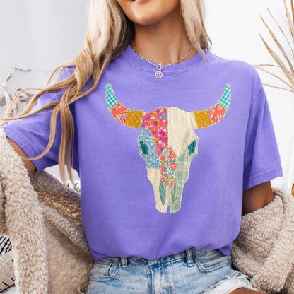 patchwork bull skull clear film screen print