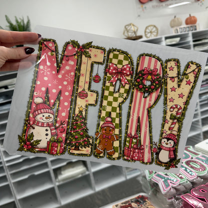 MERRY pink + green clear film screen print
