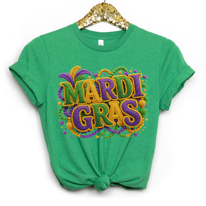 Mardi Gras faux yarn clear film screen print