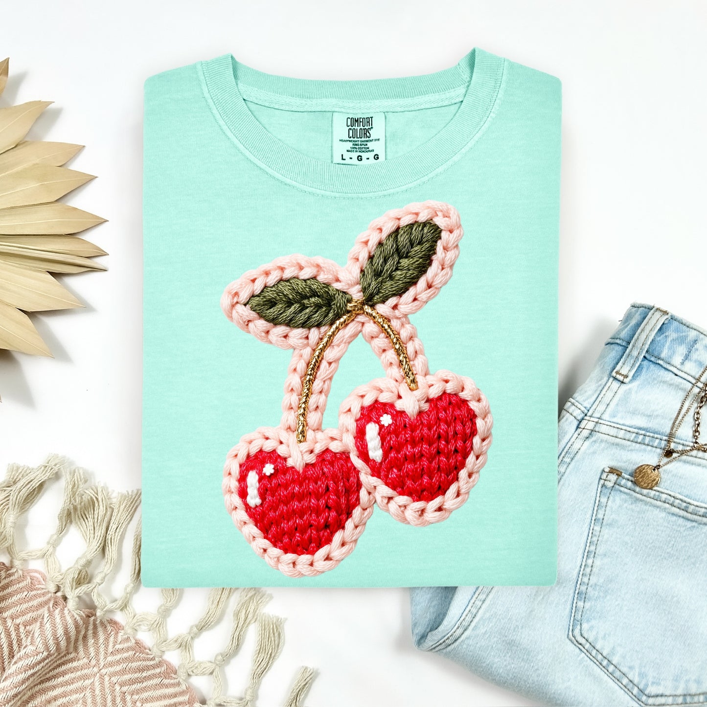 Faux yarn cherries clear film screen print